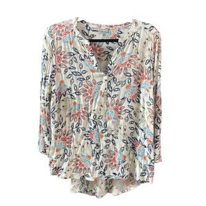 Daniel Rainn Top Womens Sz M Floral Print Off White Rayon Koda Split Neck Shirt